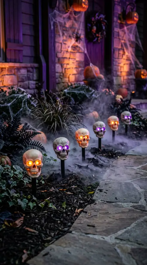 15 Outdoor Halloween Decorations Front Yard Spooky Style 10 10. Skull Pathway Markers in the Garden Beds