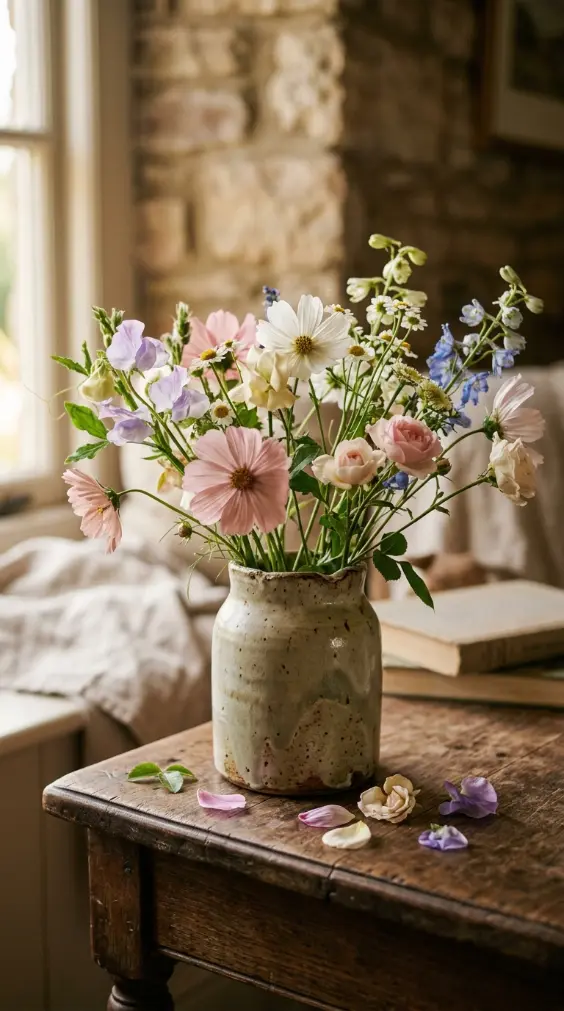 15 Light Linen Swivel Reading Chair Bedroom Nook Ideas 10 10. Small Ceramic Vase of Garden Flowers
