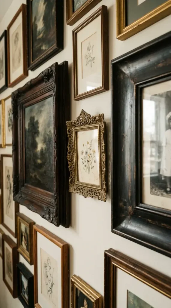 11 Thrifted Gallery Wall Ideas With Mismatched Frames 10 10. Small Ornate Brass Frame Tucked Into a Gap Between Larger Pieces