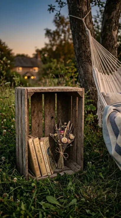 17 Summer Cottagecore Hammock Sitting Area Dusk Glow 10 10. Small Wood Crate Bookshelf