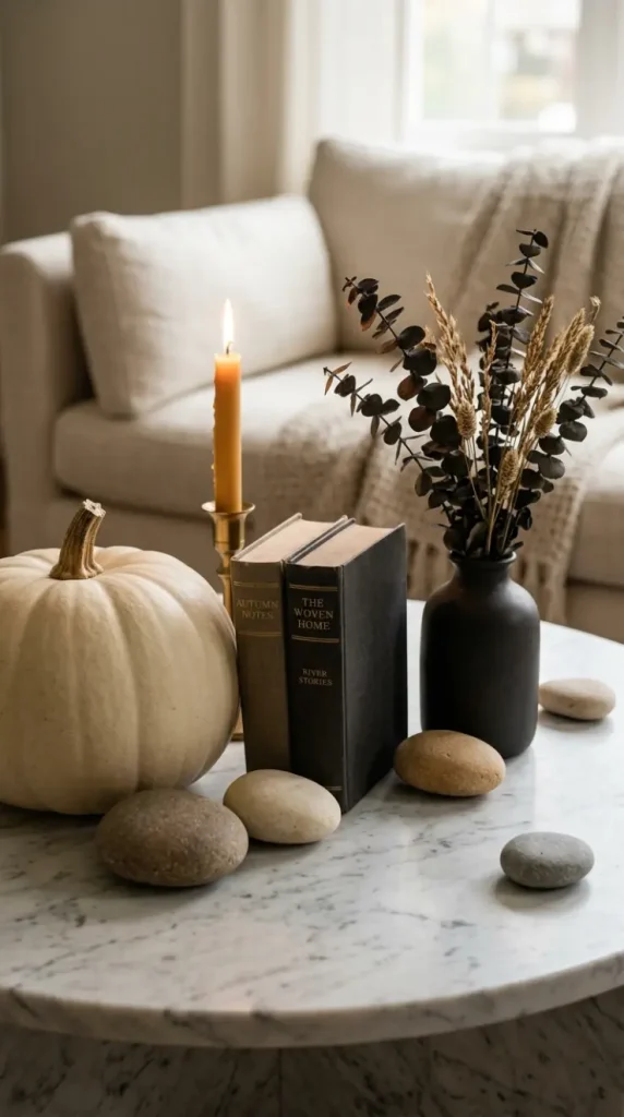 14 Chic Neutral Halloween Decor Ideas Living Room Style 10 10. Smooth Pale River Stones as Natural Grounding Accents