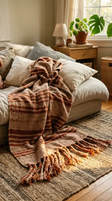 17 Golden Hour Bedroom Aesthetic Boho Floor Cushion Nook Ideas 10 10. Textured Throw Blanket Draped Over Cushions