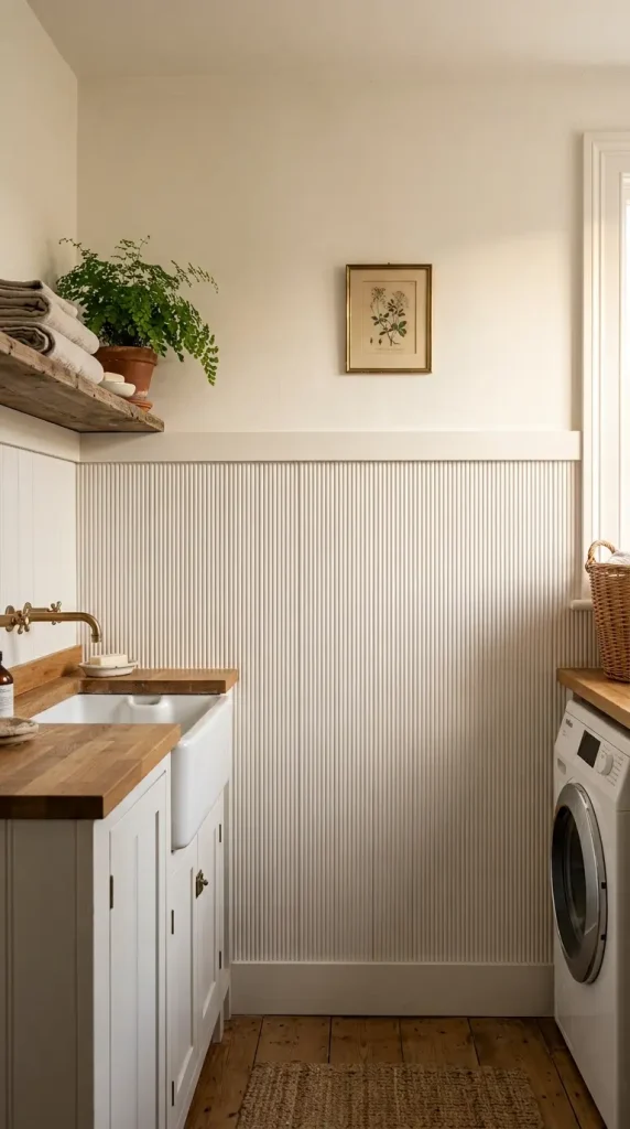 14 Laundry Room Bathroom Combo Warm Neutral Farmhouse Style 10 10. The Beadboard Lower Panelling Variation