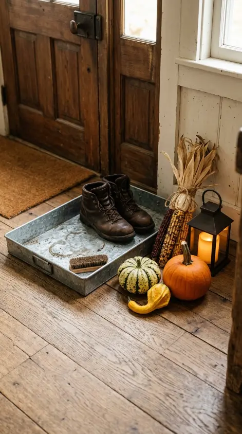 13 Rustic Fall Decorating Front Porch and Entryway Style 10 10. The Boot Tray and Entry Floor Arrangement