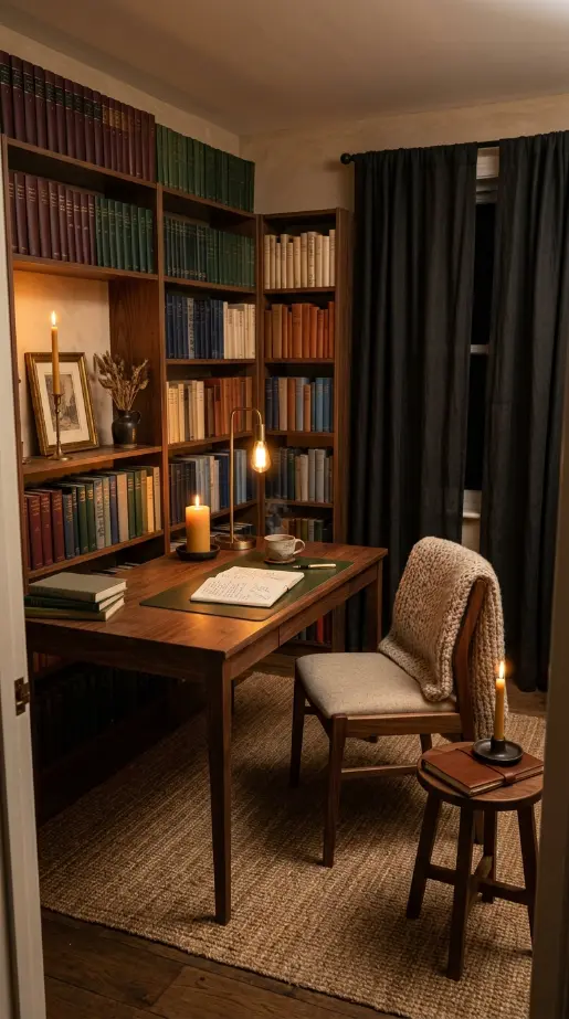 18 Cozy Office Aesthetic Candlelight Bookshelf Warm Style 10 10. The Complete Cozy Candlelit Bookshelf Office