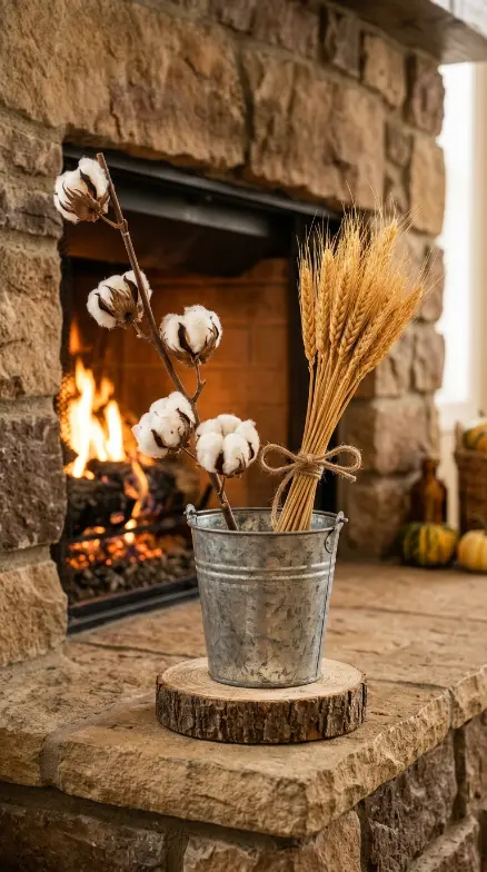 15 Fall Mantel Decor Ideas for a Botanical Nature Inspired Look 10 10. The Cotton Stem and Wheat Harvest Vignette