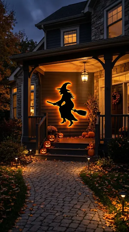 16 Outdoor Halloween Decorations Light-Up Pathway Night Style 10 10. The Illuminated Witch Silhouette on the Porch