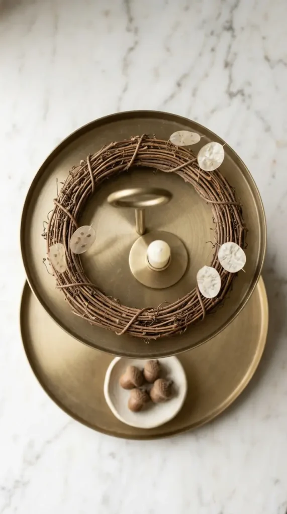 13 Neutral Fall Decor Ideas for Tiered Tray Vignette Style 10 10. The Mini Wreath Ring Accent Tier