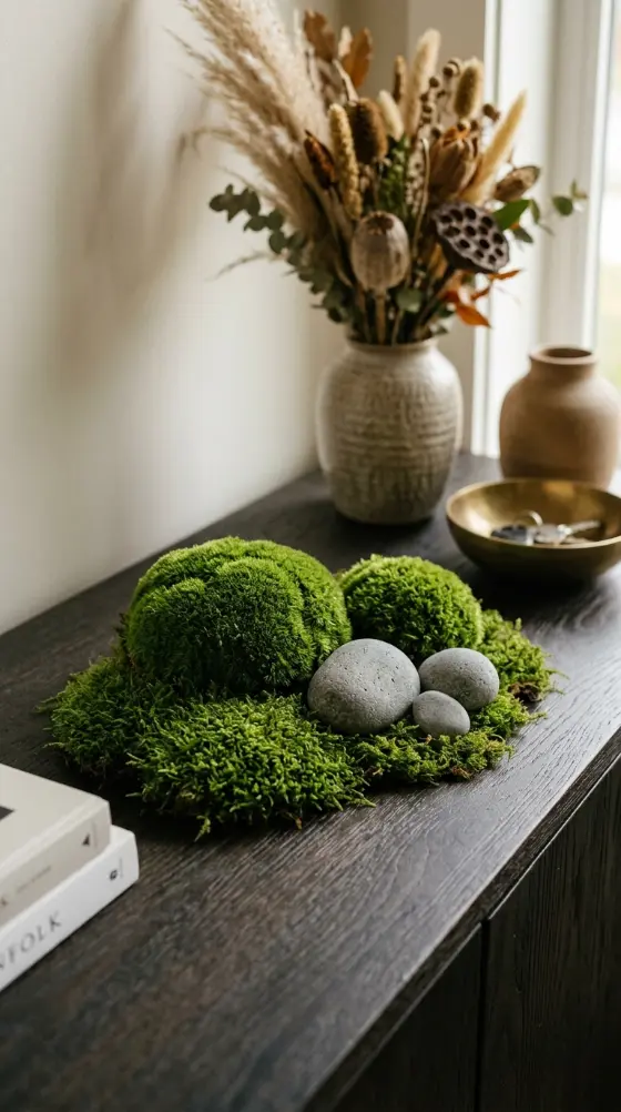 12 Neutral Fall Decor Ideas for an Entryway Console in Organic Style 10 10. The Moss and Stone Low Cluster