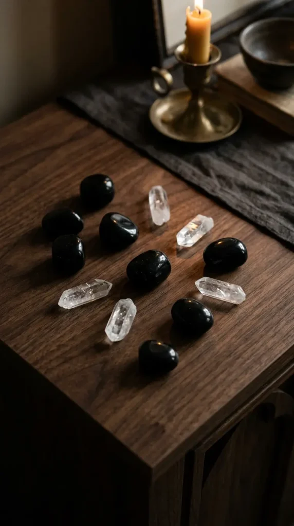 14 Neutral Halloween Decor Gothic Console Table Style 10 10. The Obsidian and Quartz Crystal Scatter