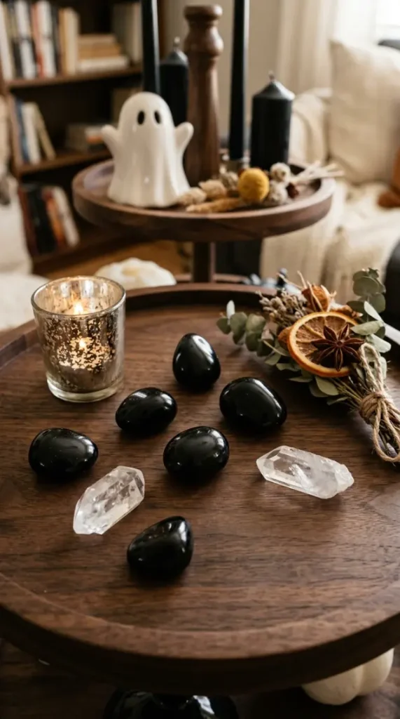 16 Halloween Tiered Tray Ideas Neutral Sophisticated Style 10 10. The Obsidian and Quartz Scatter Tier