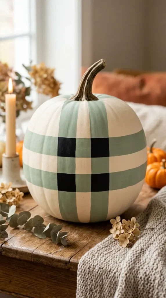12 DIY Fall Home Decor Projects: Painted Pumpkin Collection 10 10. The Plaid Pattern Tape-Masked
