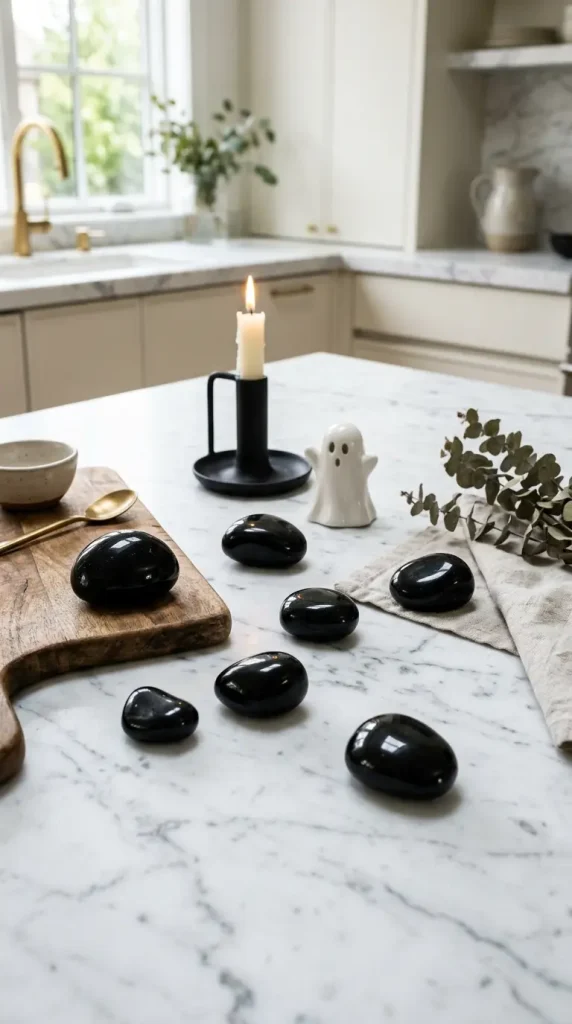 15 Chic Neutral Halloween Decor Kitchen Counter Style 10 10. The Polished Black Obsidian Stone Scatter