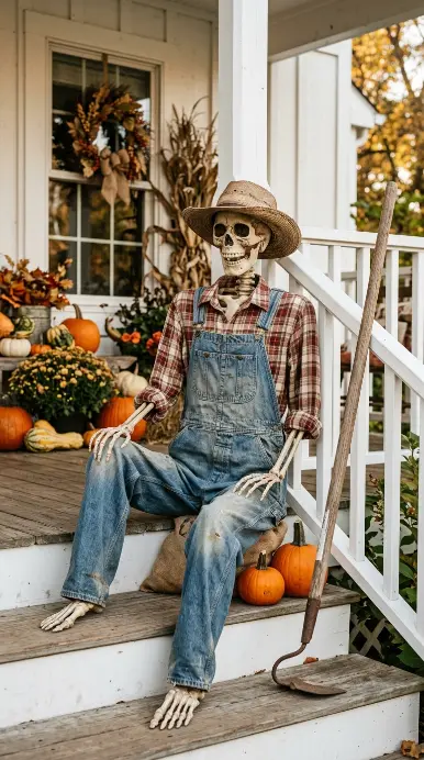 13 Outdoor Halloween Display Farmhouse Harvest Porch Style 10 10. The Skeleton Farmer Porch Prop