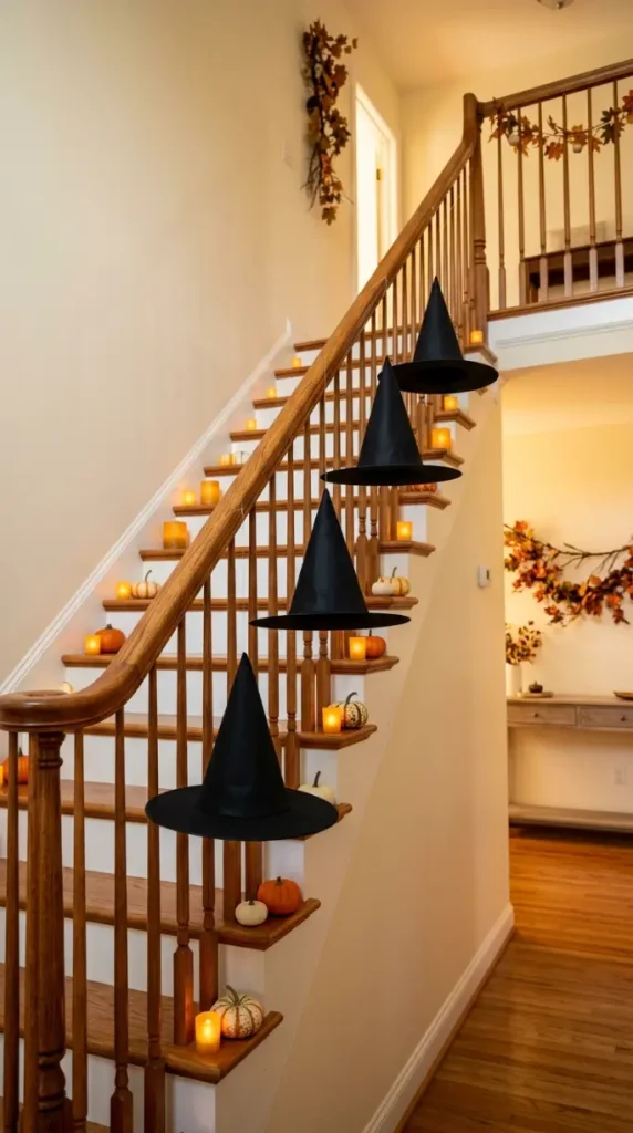 12 Easy Halloween Entryway Decor Witchy Floating Hats Style 10 10. The Staircase Floating Hat Installation