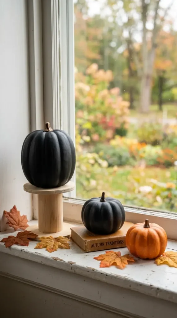 15 Dollar Tree Halloween Decor Window and Table Vignette Style 10 10. The Window Sill Pumpkin Trio with Height Variation