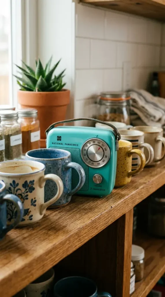 15 Nostalgic Open Shelf Dopamine Kitchen Display Ideas 10 10. Turquoise Transistor Radio Tucked Beside the Mugs