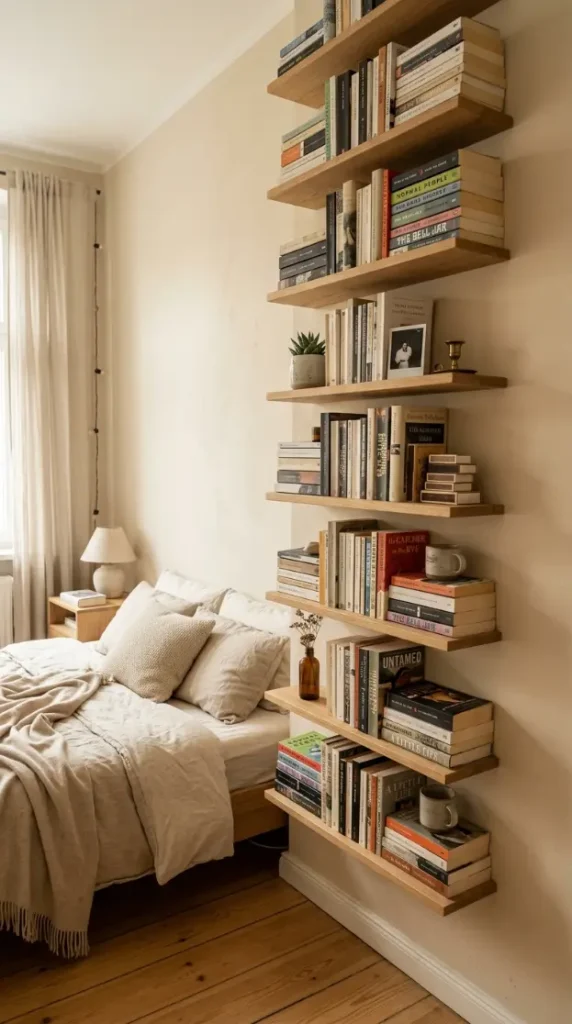 17 Small Bedroom Declutter Ideas for a Spacious Feel 10 10. Vertical Wall Shelving Instead of a Floor Bookcase