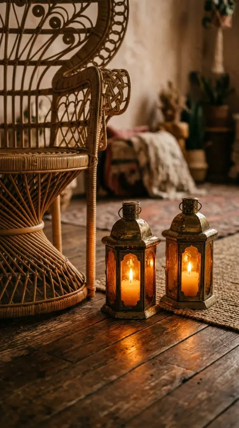 17 Small Reading Nook Cozy Corner Boho Woven Warmth 10 10. Vintage Brass Candle Lanterns