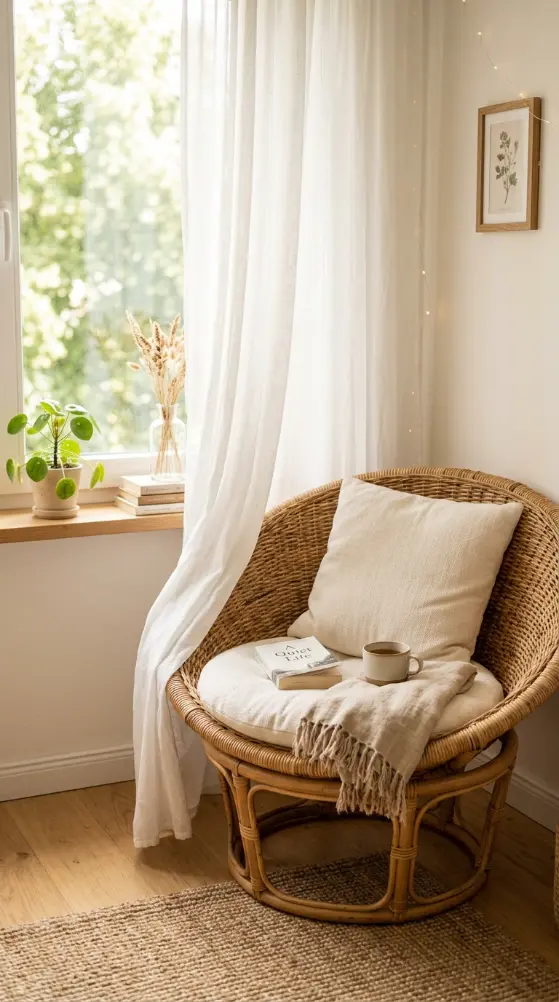 18 Romanticizing My Room Small Space Sheer Drapery Ideas 10 10. Woven Basket Chair Beside the Window