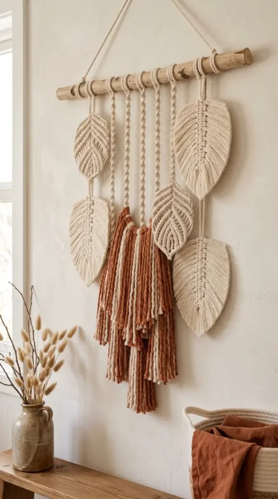 13 DIY Fall Home Decor Project Macramé Leaf Wall Hanging 11 11. A Boho Layered Multi-Texture Leaf Hanging