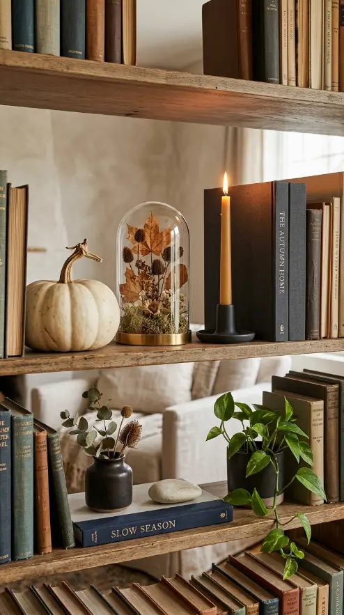 14 Fall Home Decor Ideas Warm Neutral Living Room Style 11 11. A Bookshelf Fall Vignette