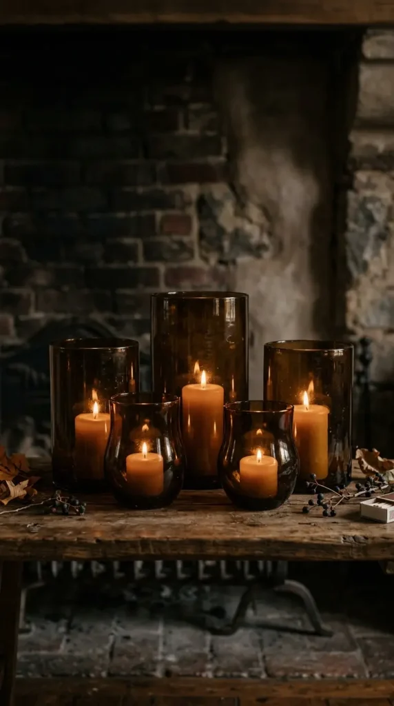 16 Moody Fall Fireplace Ideas for a Cozy Sanctuary 11 11. A Cluster of Dark Amber Glass Hurricanes Sheltering Low Flames