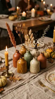 17 Boho Eclectic Centerpiece for Thanksgiving 11 11. A Cluster of Hand-Thrown Ceramic Bud Vases in Earthy Glazes