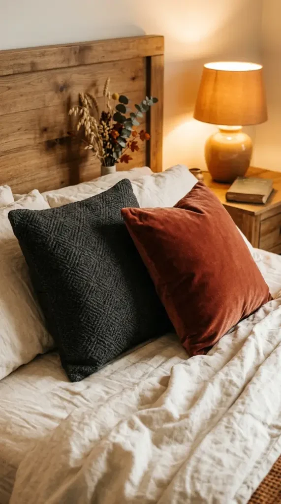 15 Small Space Fall Decorating Ideas Bedroom Corner Style 11 11. A Dark Throw Pillow With a Nature-Inspired Texture