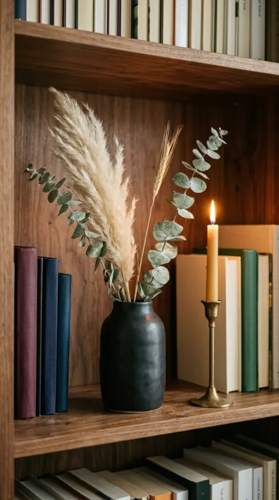 18 Cozy Office Aesthetic Candlelight Bookshelf Warm Style 11 11. A Dried Botanical Arrangement on the Shelving