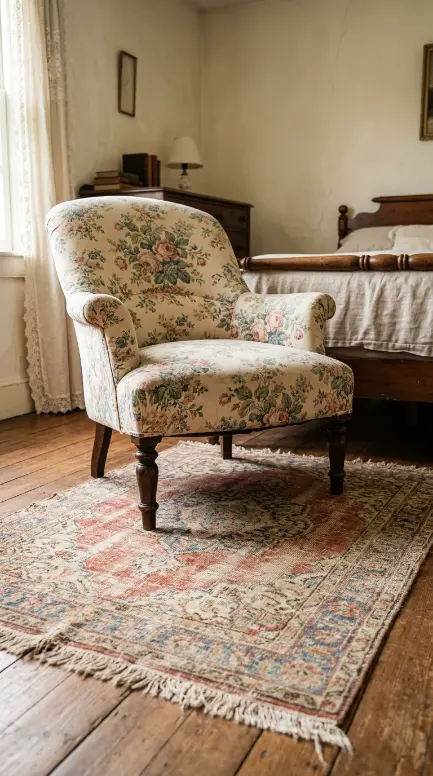 19 Reading Chair in Bedroom Vintage Floral Slipper Corner 11 11. A Faded Persian or Floral Rug Beneath the Chair