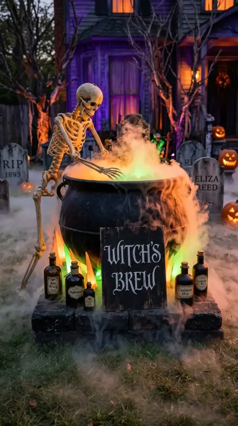 12 Outdoor Halloween Display Haunted House Front Yard 11 11. A Fog Machine Cauldron Scene as a Property Focal Point