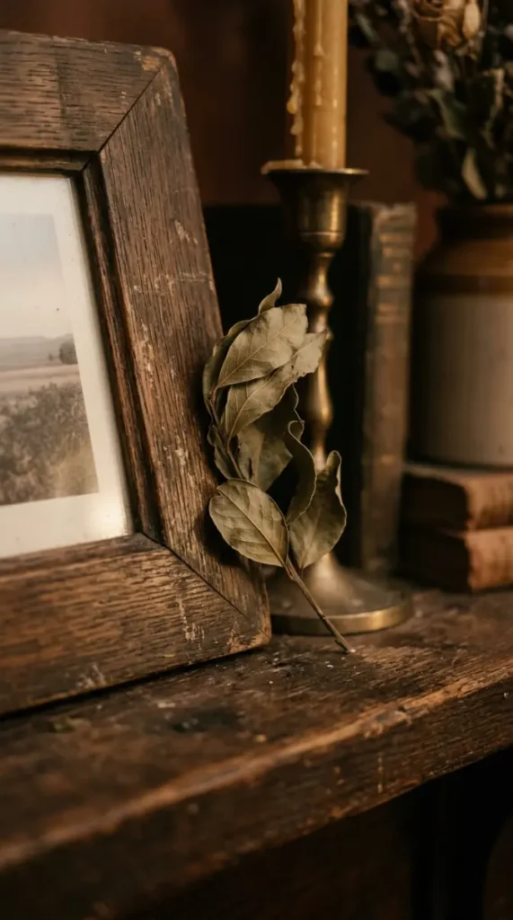 18 Collected Fall Mantel Styling Ideas That Feel Easy 11 11. A Loose Sprig of Dried Bay Leaves Tucked Beside a Frame