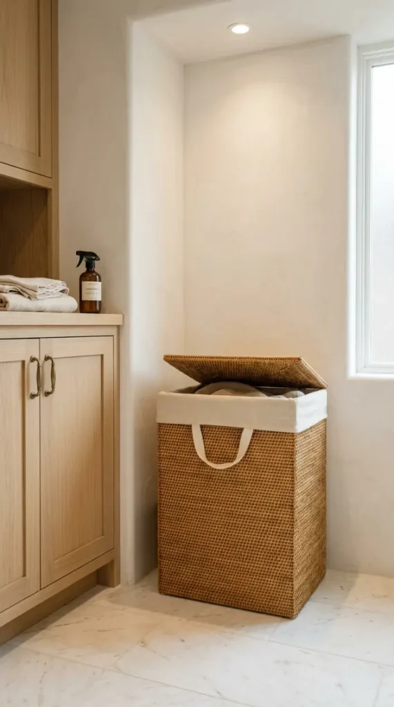 18 Laundry Room Designs Quiet Luxury Marble and Warm Wood Look 11 11. A Natural Linen Laundry Hamper in One Corner