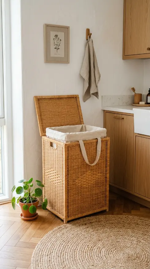 15 Elegant Laundry Room Ideas Warm White Oak Scandinavian Style 11 11. A Natural Wood Laundry Hamper With Linen Liner
