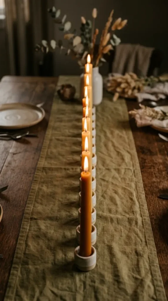 14 Moody Centerpiece Ideas for an Effortless Table 11 11. A Row of Short Beeswax Candles in Varying Shades of Amber