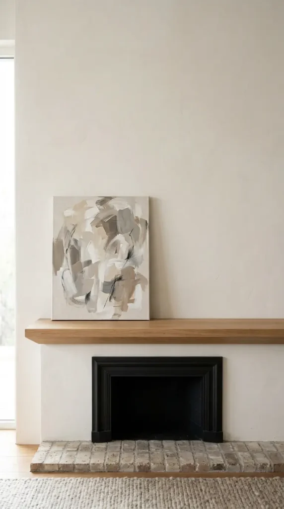 14 Fall Mantel Decor Ideas for a Quiet Luxury Neutral Look 11 11. A Single Abstract Art Piece Leaning Against the Wall
