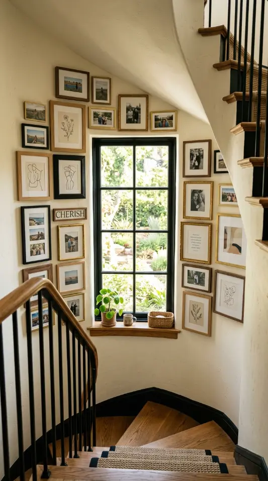 13 Small Thrifted Gallery Wall Ideas for Staircases 11 11. A Small Cluster Framing the Window at the Stairs Turn