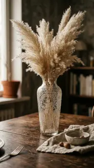 15 Vintage Glassware Ideas for an Eclectic Table 11 11. A Tall Etched Glass Vase Holding Dried Pampas Alone