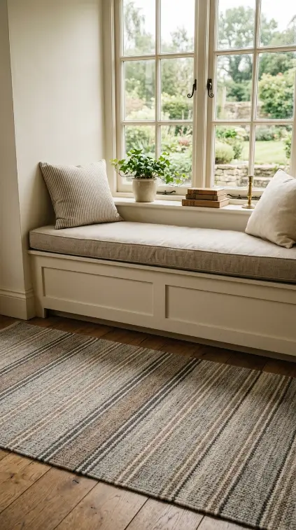 17 Cozy Reading Corners Built-In Window Seat Timeless 11 11. A Woven Wool Rug in Front of the Bench