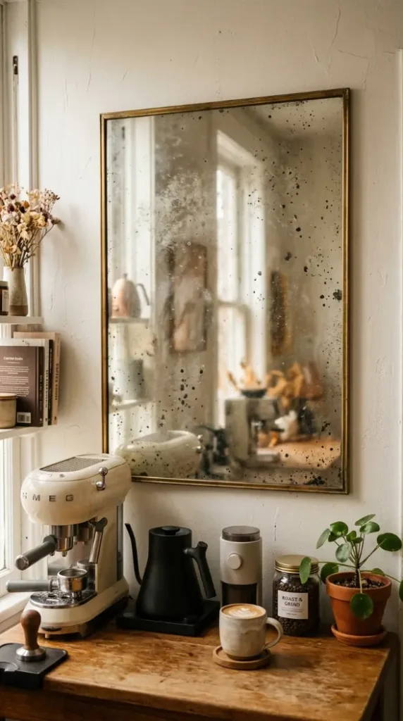 19 Eclectic Coffee Station Ideas With Vintage Charm 11 11. Antique Mirror Behind the Station