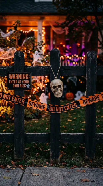 15 Outdoor Halloween Decorations Front Yard Spooky Style 11 11. Caution Tape and Warning Signs on the Front Fence
