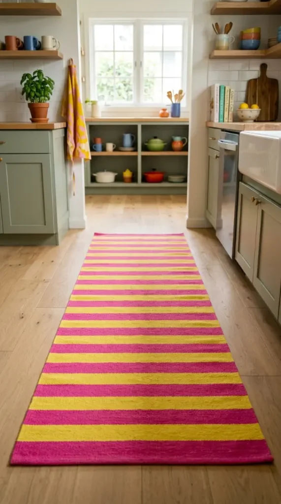 18 Dopamine Kitchen Ideas for a Bold Colorful Space 11 11. Colorful Runner Rug Down the Kitchen Floor