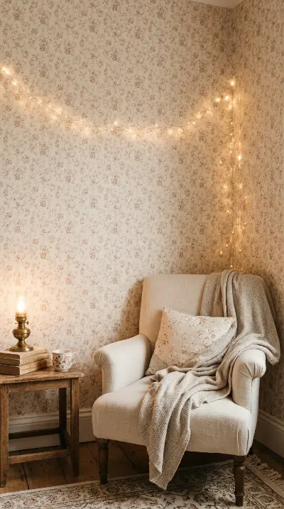 16 Cozy Reading Corners Whimsical Blush Fairy Lights 11 11. Delicate Floral Wallpaper in Blush Tones