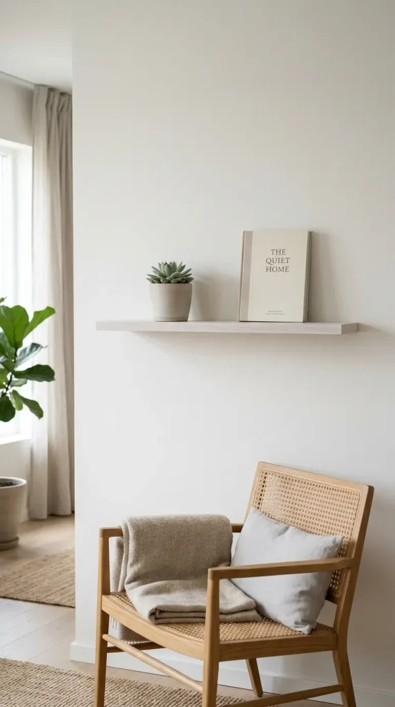 18 Small Reading Nook Cozy Corner Nordic Airy Minimal 11 11. Floating Wood Shelf in Whitewashed Oak