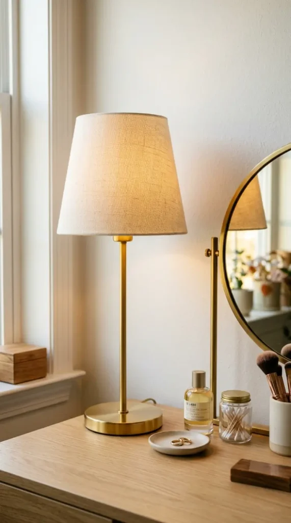 17 Jewel Tone Vanity Styling Ideas With Rich Color 11 11. Gold Brass Vanity Lamp With a Fabric Shade