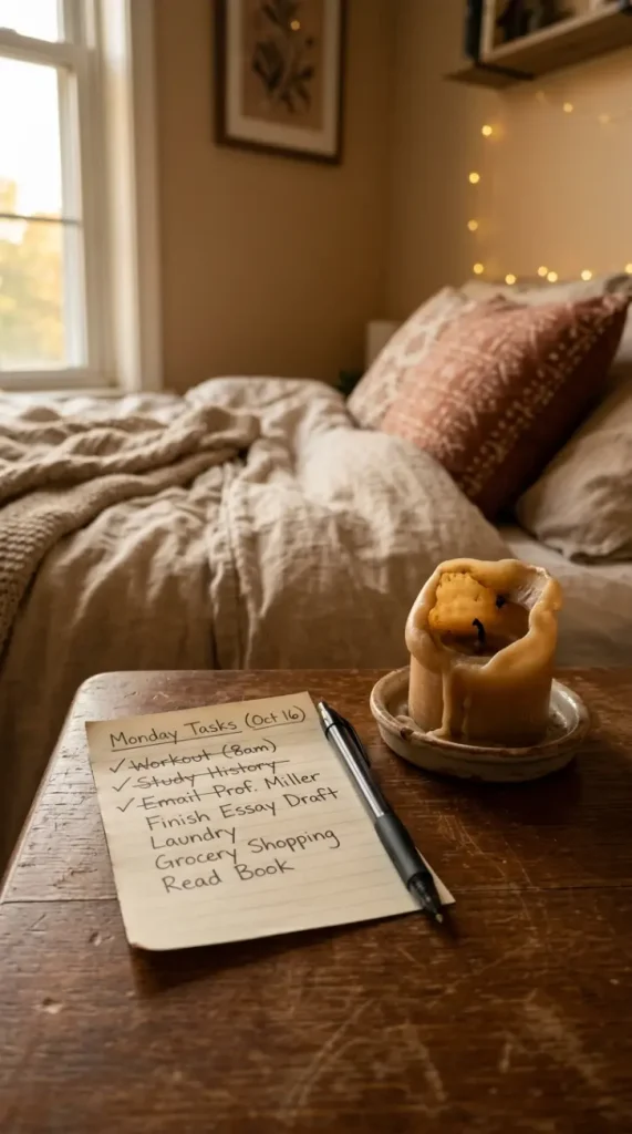 13 Golden Hour Bedroom Aesthetic Evening Ritual Corner Ideas 11 11. Handwritten To Do List and Candle