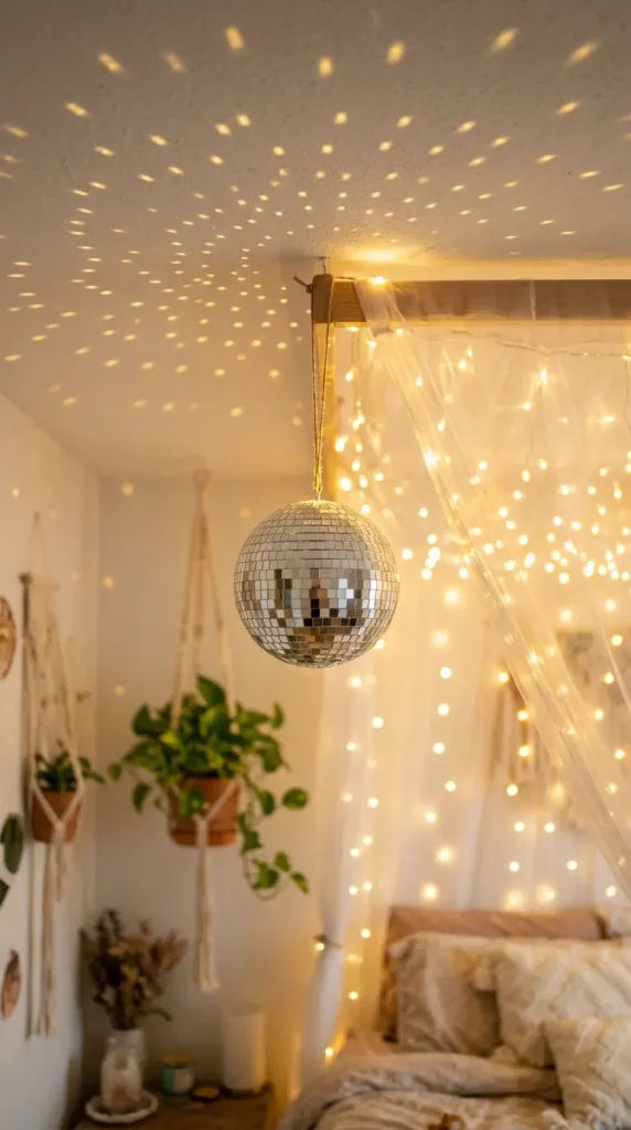 15 Romanticizing My Room Small Space Fairy Light Canopy Ideas 11 11. Mini Disco Ball Hanging Beside the Canopy