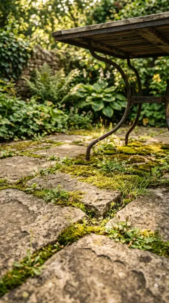 14 Summer Cottagecore Garden Patio Wildflower Sitting 11 11. Moss Softened Stone Pavers