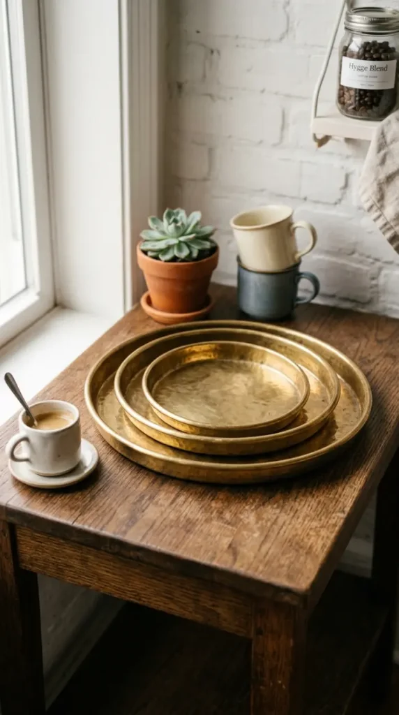 17 Small Space Eclectic Coffee Corner Ideas for Renters 11 11. Nesting Vintage Trays That Store Flat